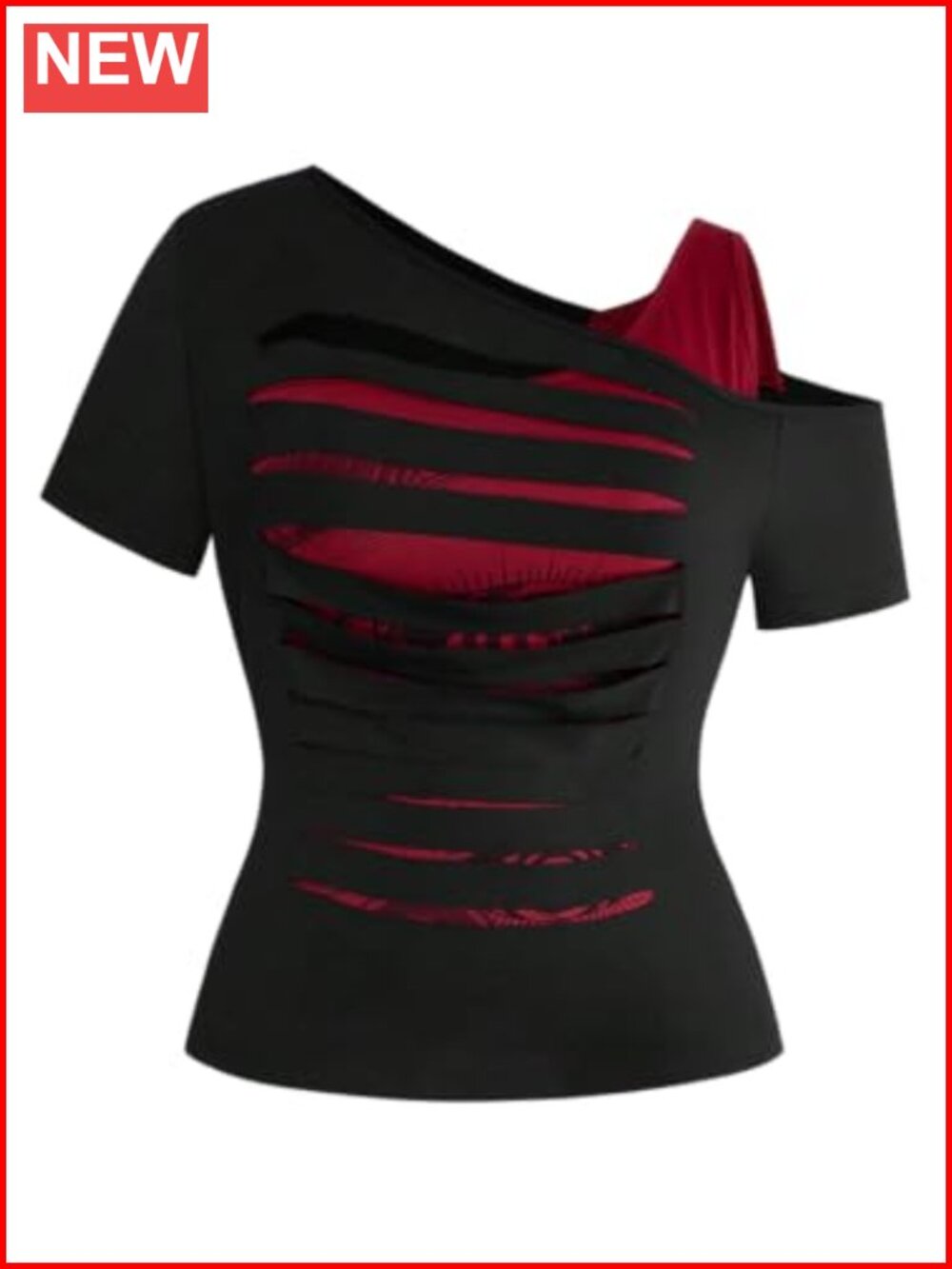 Plus Size Y2K Goth Cold Shoulder Ripped Tee Soft Stretch Summer Top